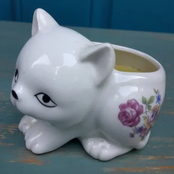 Vintage Ceramic Cat Planter Porcelain Cat Dish Candle Bowl Japan Flowers - Picture 5 of 16